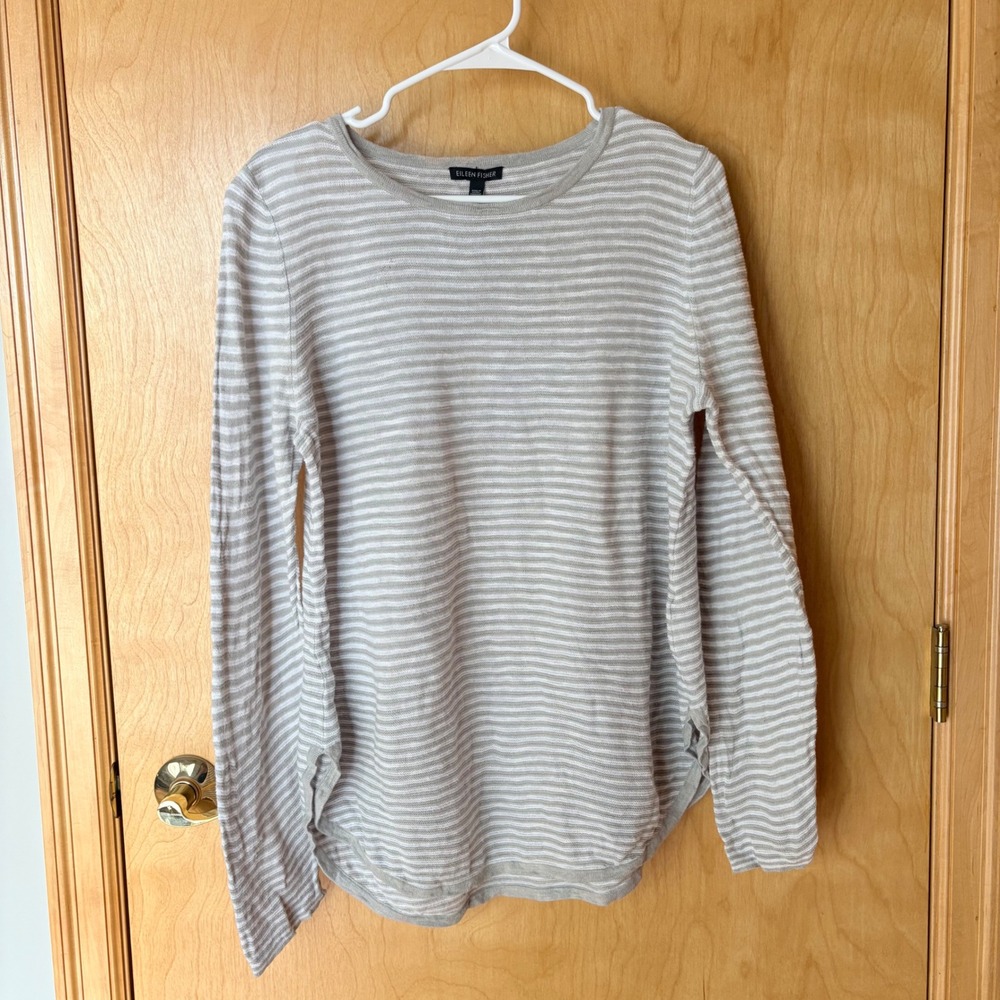 Eileen Fisher Sweater Womens Medium Grey White Striped Organic Linen Cotton Top